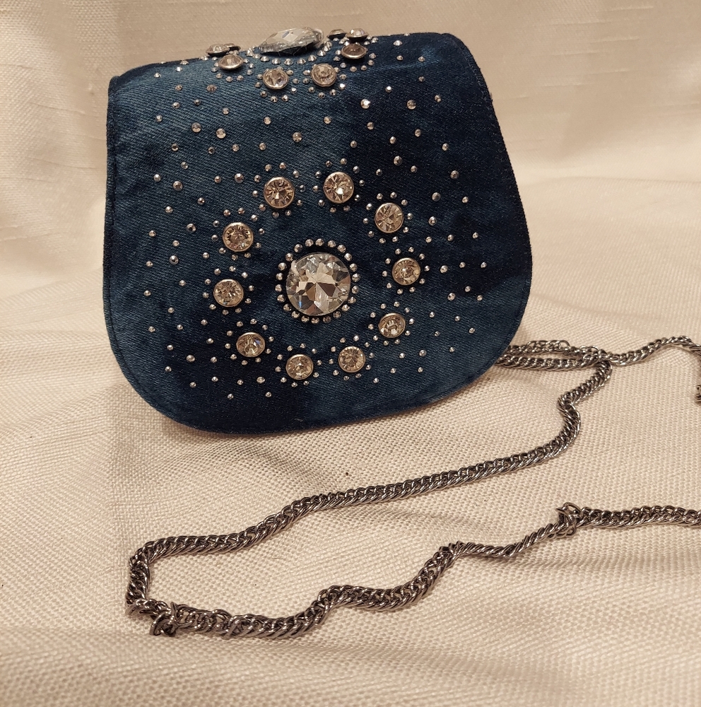 Denim and rhinestone crossbody bag